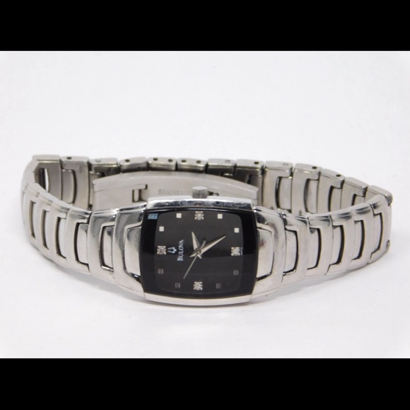 Bulova Womens Watch 96P15 Black Dial Stainless Steel Diamonds Ladies Silver 6.5\